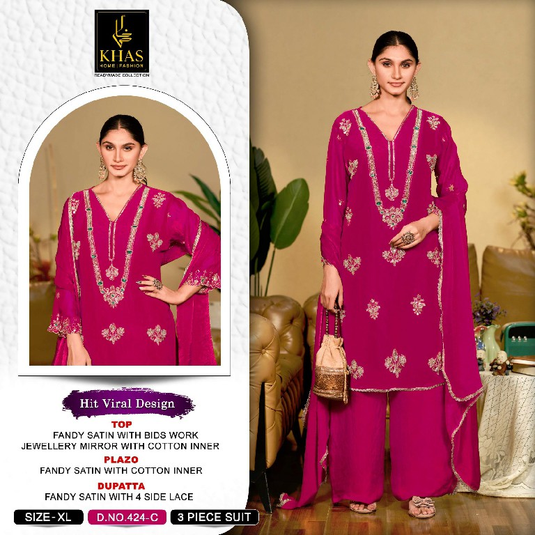 KHAS D.NO 424 WHOLESALE READYMADE FANDY SATIN WITH WORK PAKISTANI BEAUTIFUL 3 PCS SUITS EXPORTER
