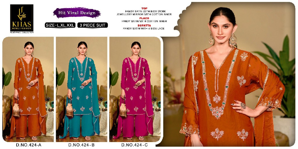 KHAS D.NO 424 WHOLESALE READYMADE FANDY SATIN WITH WORK PAKISTANI BEAUTIFUL 3 PCS SUITS EXPORTER