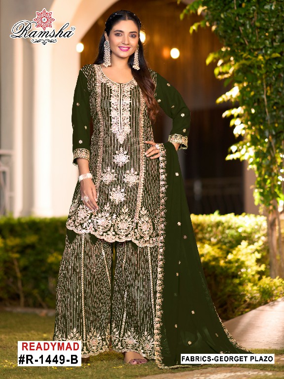 RAMSHA D.NO 1449 NX WHOLESALE READYMADE GEORGETTE EMBROIDERED PLAZZO STYLE 3 PCS SUITS EXPORTER