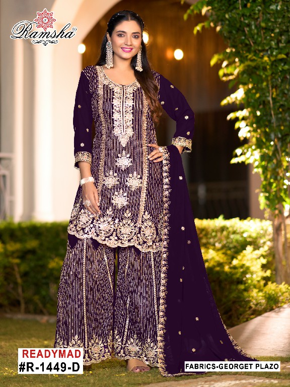 RAMSHA D.NO 1449 NX WHOLESALE READYMADE GEORGETTE EMBROIDERED PLAZZO STYLE 3 PCS SUITS EXPORTER