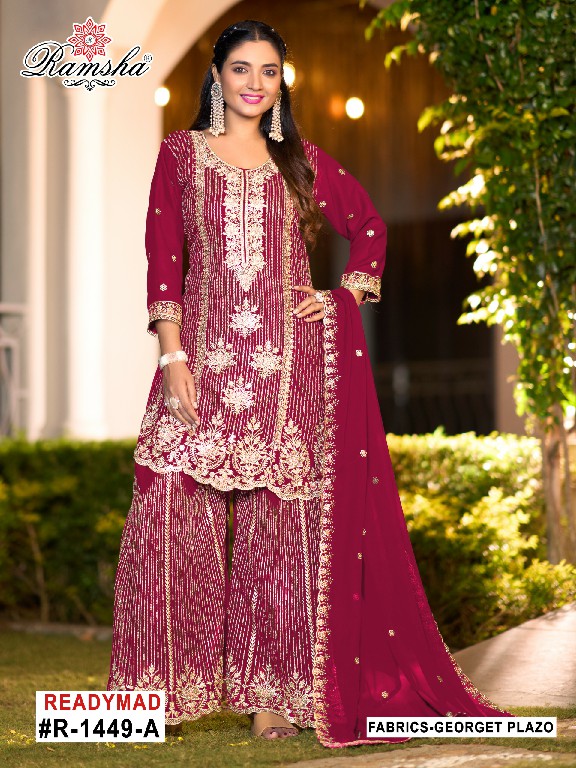 RAMSHA D.NO 1449 NX WHOLESALE READYMADE GEORGETTE EMBROIDERED PLAZZO STYLE 3 PCS SUITS EXPORTER