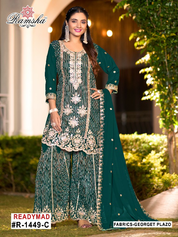 RAMSHA D.NO 1449 NX WHOLESALE READYMADE GEORGETTE EMBROIDERED PLAZZO STYLE 3 PCS SUITS EXPORTER