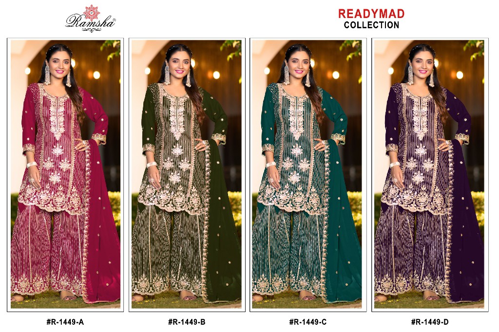 RAMSHA D.NO 1449 NX WHOLESALE READYMADE GEORGETTE EMBROIDERED PLAZZO STYLE 3 PCS SUITS EXPORTER