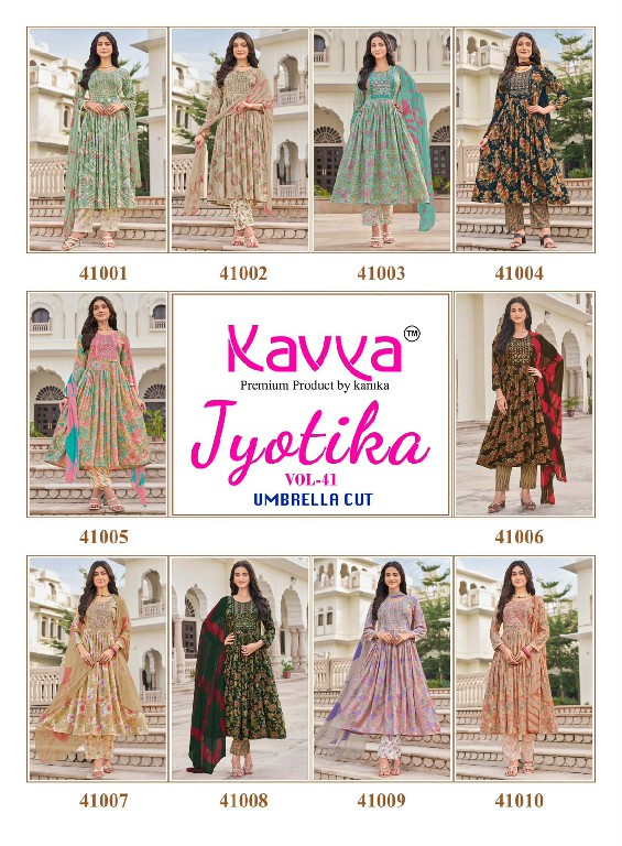 KAVYA JYOTIKA VOL 41 WHOLESALE READYMADE CAPSULE UMBRELLA CUT 3 PCS SUITS EXPORTER