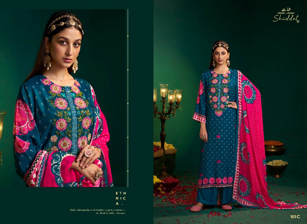 SHIDDAT ENZO 101 WHOLESALE VISCOSE MUSLIN WITH WORK UNSTITCH SALWAR SUITS EXPORTER
