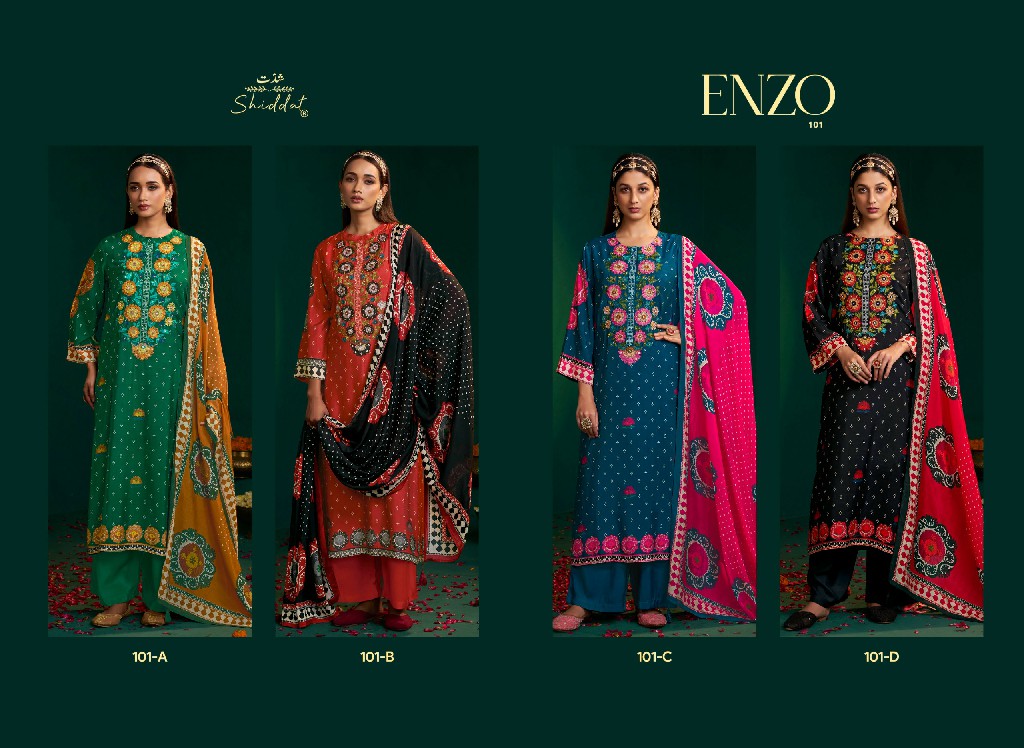 SHIDDAT ENZO 101 WHOLESALE VISCOSE MUSLIN WITH WORK UNSTITCH SALWAR SUITS EXPORTER