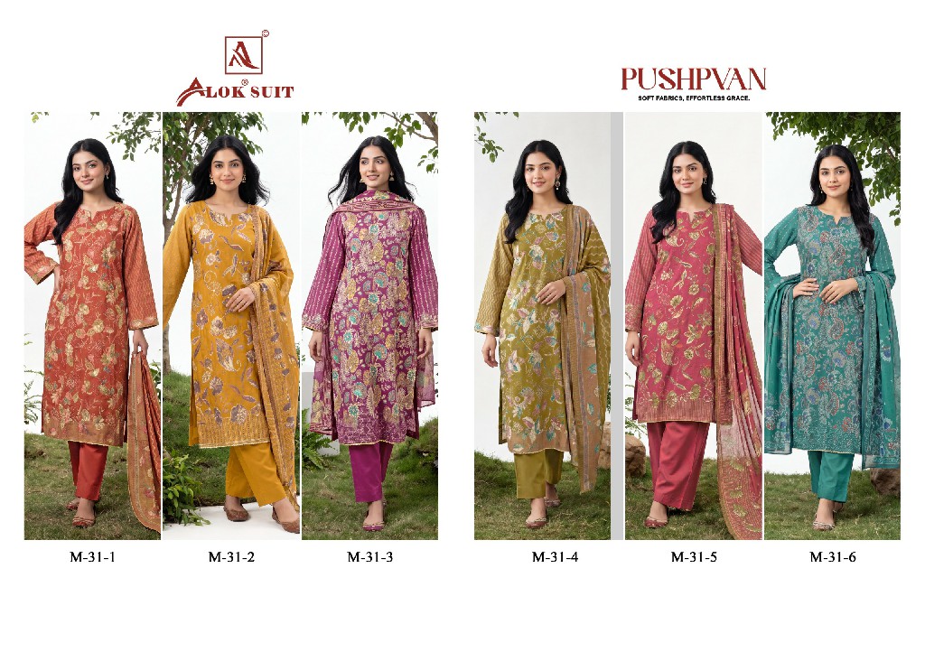 ALOK SUIT PUSHPVAN WHOLESALE PURE MUDAAL WITH ELEGANT HAND WORK UNSTITCH SALWAR SUITS FOR EXPORT