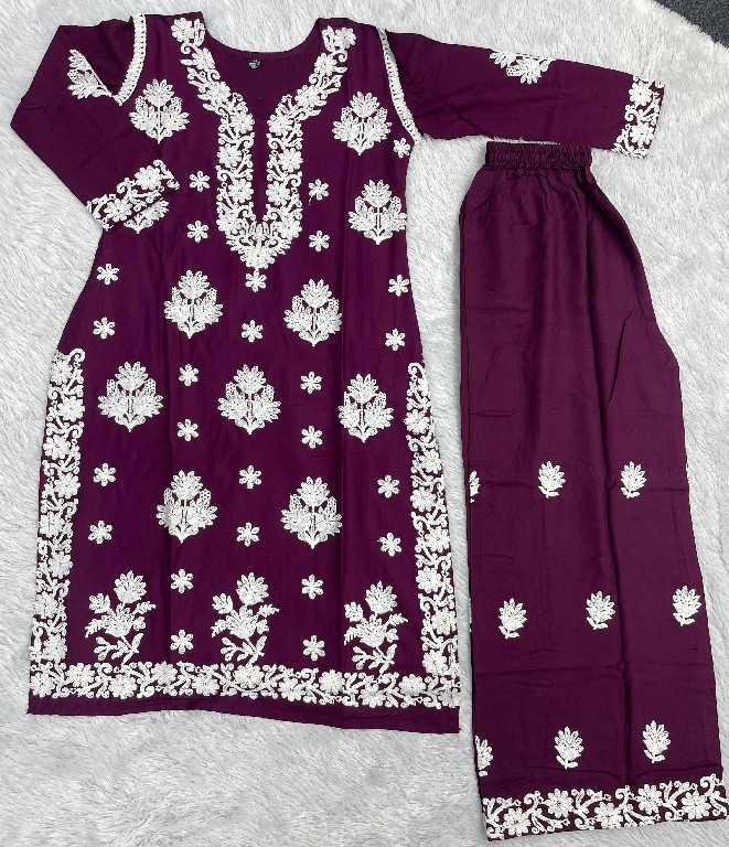 TEXTILEDEAL LAUNCH READYMADE HEAVY RAYON TRENDING CHIKANKARI WORK KURTI WITH PLAZZO FOR EXPORT
