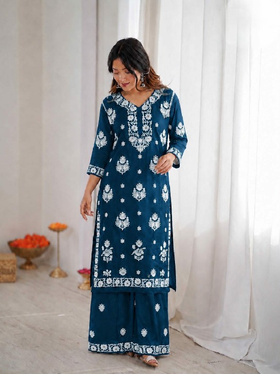 TEXTILEDEAL LAUNCH READYMADE HEAVY RAYON TRENDING CHIKANKARI WORK KURTI WITH PLAZZO FOR EXPORT