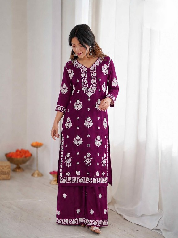 TEXTILEDEAL LAUNCH READYMADE HEAVY RAYON TRENDING CHIKANKARI WORK KURTI WITH PLAZZO FOR EXPORT