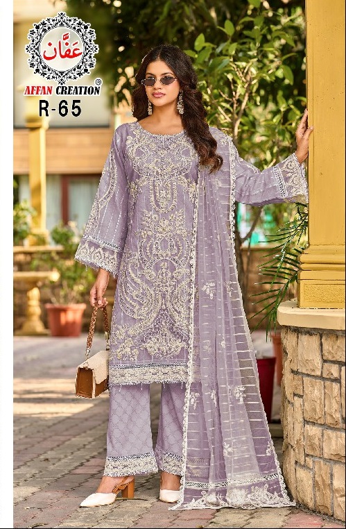 AFFAN CREATION D.NO R-65 WHOLESALE REDYMADE FANCY ORGANZA DELICATE WORK 3 PCS SUITS FOR EXPORT