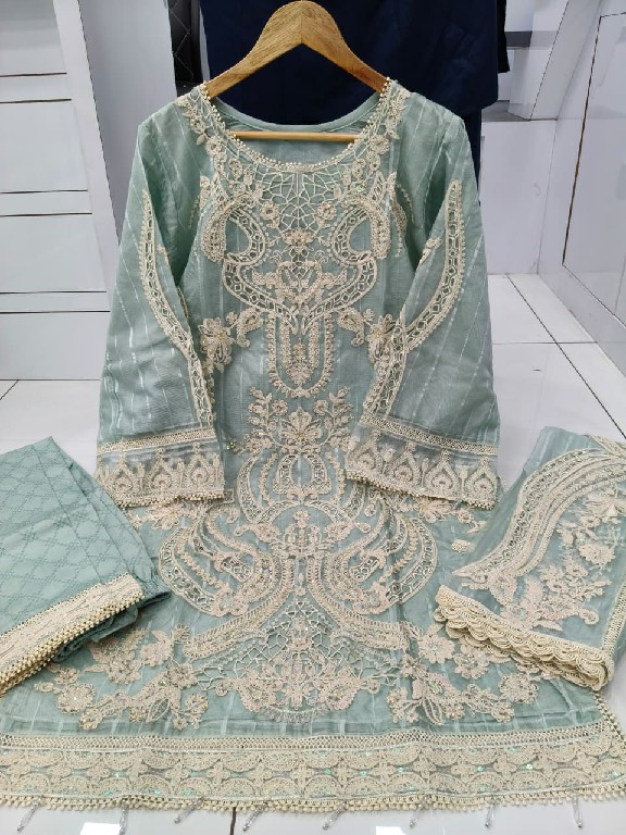 AFFAN CREATION D.NO R-65 WHOLESALE REDYMADE FANCY ORGANZA DELICATE WORK 3 PCS SUITS FOR EXPORT