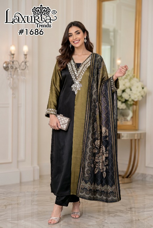 LAXURIA TRENDZ D.NO 1686 WHOLESALE READYMADE SATIN DESIGNER WEAR 3 PCS SUITS FOR WOMEN ONLINE