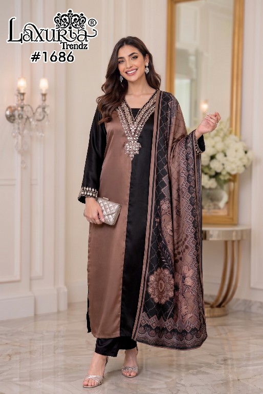LAXURIA TRENDZ D.NO 1686 WHOLESALE READYMADE SATIN DESIGNER WEAR 3 PCS SUITS FOR WOMEN ONLINE
