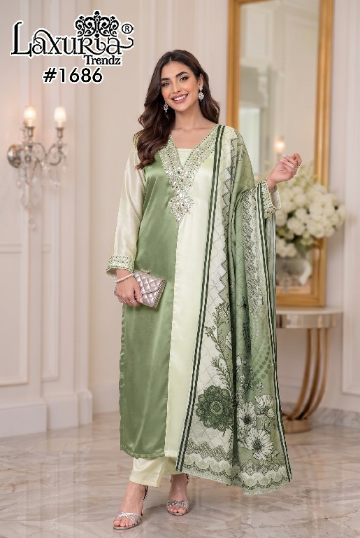 LAXURIA TRENDZ D.NO 1686 WHOLESALE READYMADE SATIN DESIGNER WEAR 3 PCS SUITS FOR WOMEN ONLINE