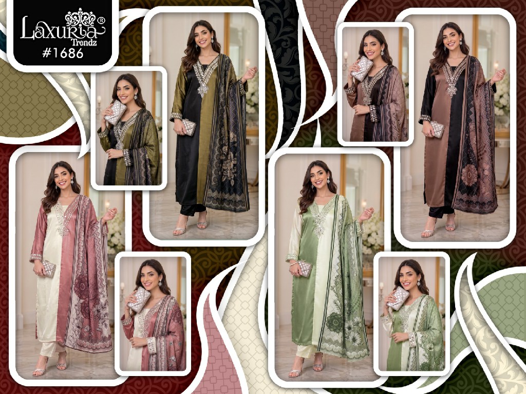 LAXURIA TRENDZ D.NO 1686 WHOLESALE READYMADE SATIN DESIGNER WEAR 3 PCS SUITS FOR WOMEN ONLINE
