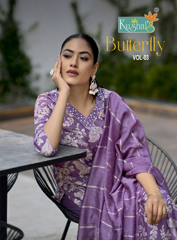 KUSHALS BUTTERFLY VOL 3 WHOLESALE READYMADE VETICAN SHOP TRENDY 3 PCS COMBO SET SUITS EXPORTER