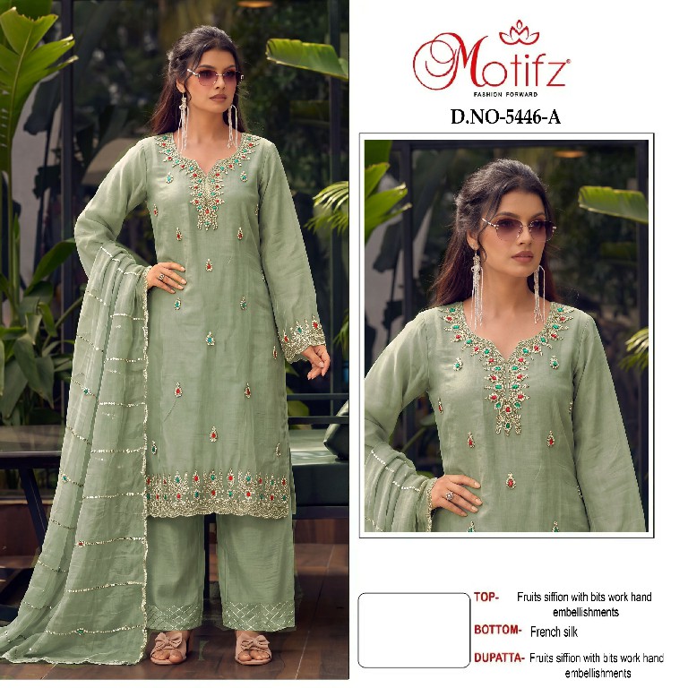 MOTIFZ D.NO 5446 WHOLESALE CHIFFON WITH WORK GORGEOUS LOOK UNSTITCH SALWAR SUITS EXPORTER