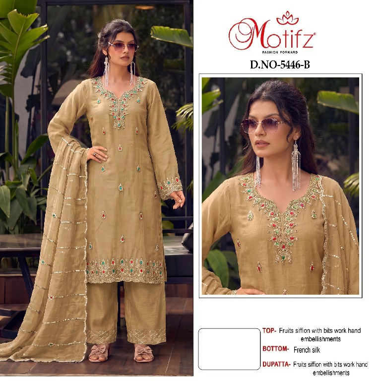 MOTIFZ D.NO 5446 WHOLESALE CHIFFON WITH WORK GORGEOUS LOOK UNSTITCH SALWAR SUITS EXPORTER