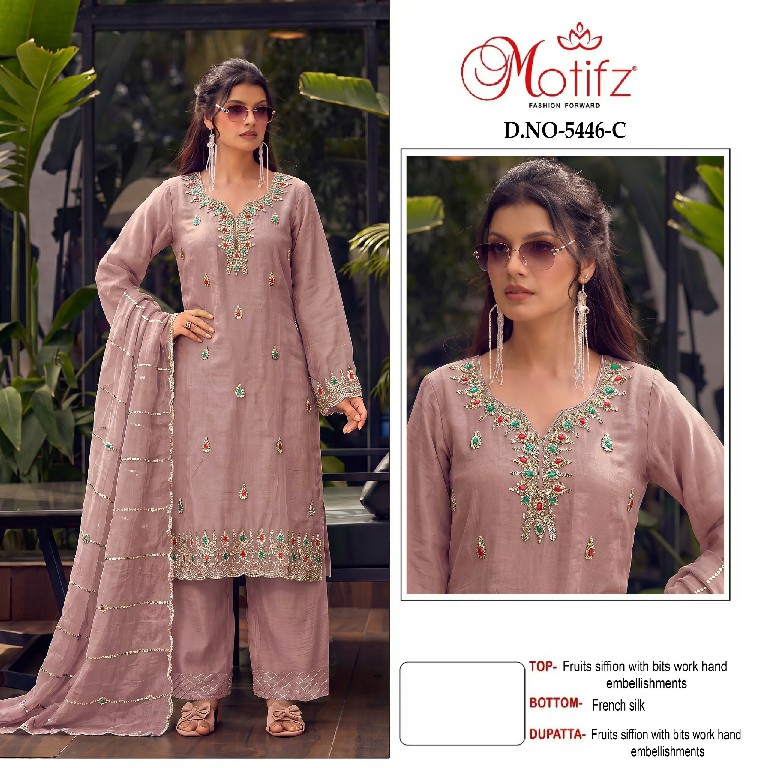 MOTIFZ D.NO 5446 WHOLESALE CHIFFON WITH WORK GORGEOUS LOOK UNSTITCH SALWAR SUITS EXPORTER