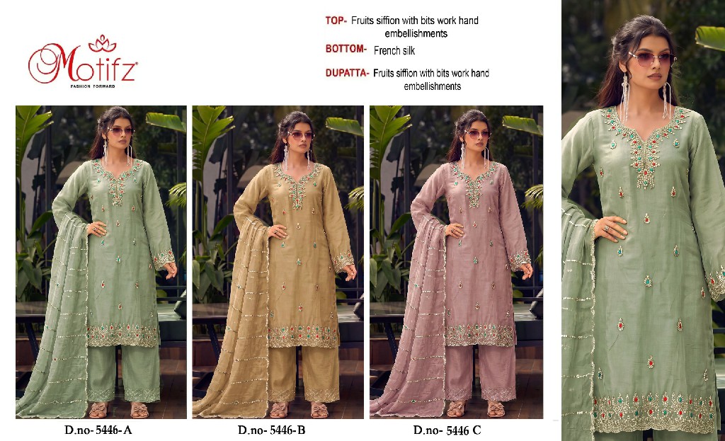 MOTIFZ D.NO 5446 WHOLESALE CHIFFON WITH WORK GORGEOUS LOOK UNSTITCH SALWAR SUITS EXPORTER