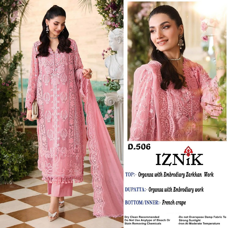 IZNIK FAB D.NO 506 WHOLESALE ORGANZA SILK PAKISTANI HIT DESIGN UNSTITCH SALWAR SUITS SUPPLIER
