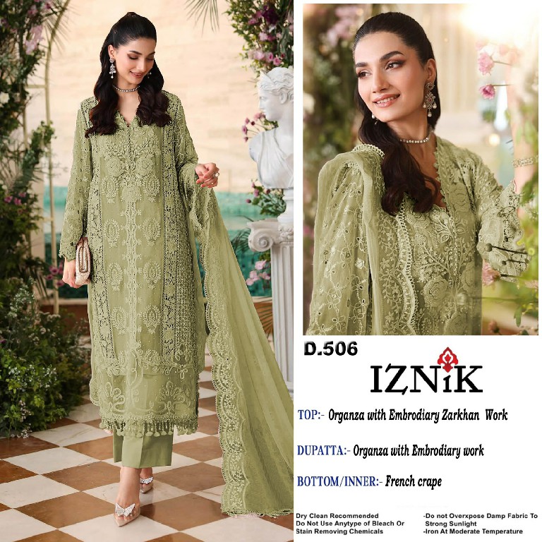 IZNIK FAB D.NO 506 WHOLESALE ORGANZA SILK PAKISTANI HIT DESIGN UNSTITCH SALWAR SUITS SUPPLIER
