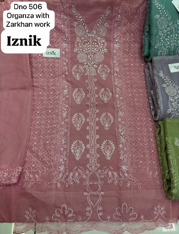IZNIK FAB D.NO 506 WHOLESALE ORGANZA SILK PAKISTANI HIT DESIGN UNSTITCH SALWAR SUITS SUPPLIER