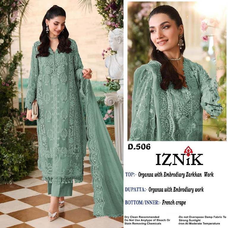 IZNIK FAB D.NO 506 WHOLESALE ORGANZA SILK PAKISTANI HIT DESIGN UNSTITCH SALWAR SUITS SUPPLIER