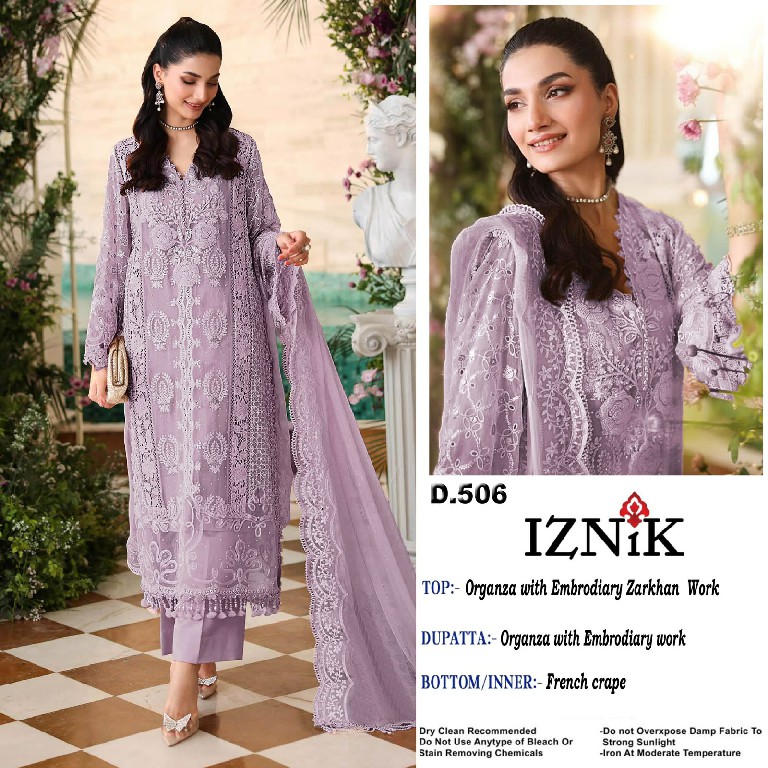 IZNIK FAB D.NO 506 WHOLESALE ORGANZA SILK PAKISTANI HIT DESIGN UNSTITCH SALWAR SUITS SUPPLIER