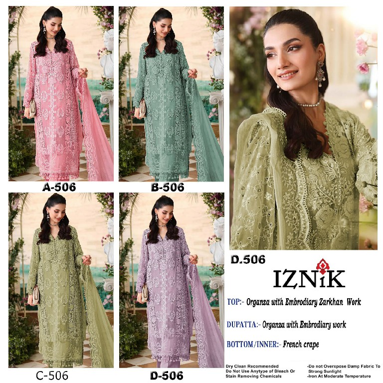 IZNIK FAB D.NO 506 WHOLESALE ORGANZA SILK PAKISTANI HIT DESIGN UNSTITCH SALWAR SUITS SUPPLIER