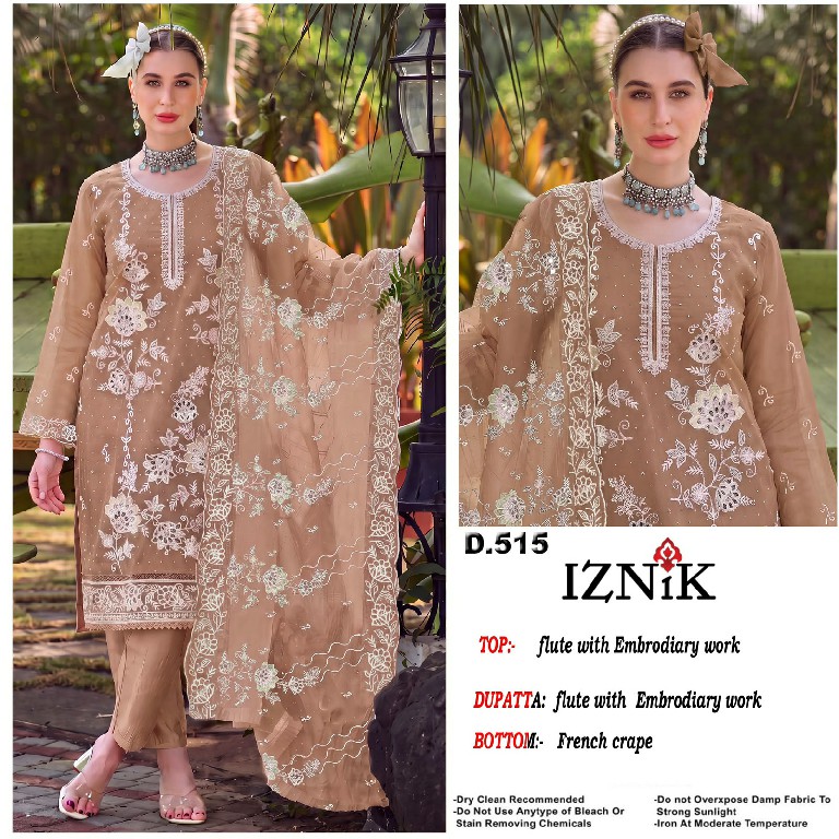 IZNIK FAB D.NO 515 WHOLESALE FLUTE WITH HEAVY EMBROIDERY WORK UNSTITCH SALWAR SUITS FOR EXPORT