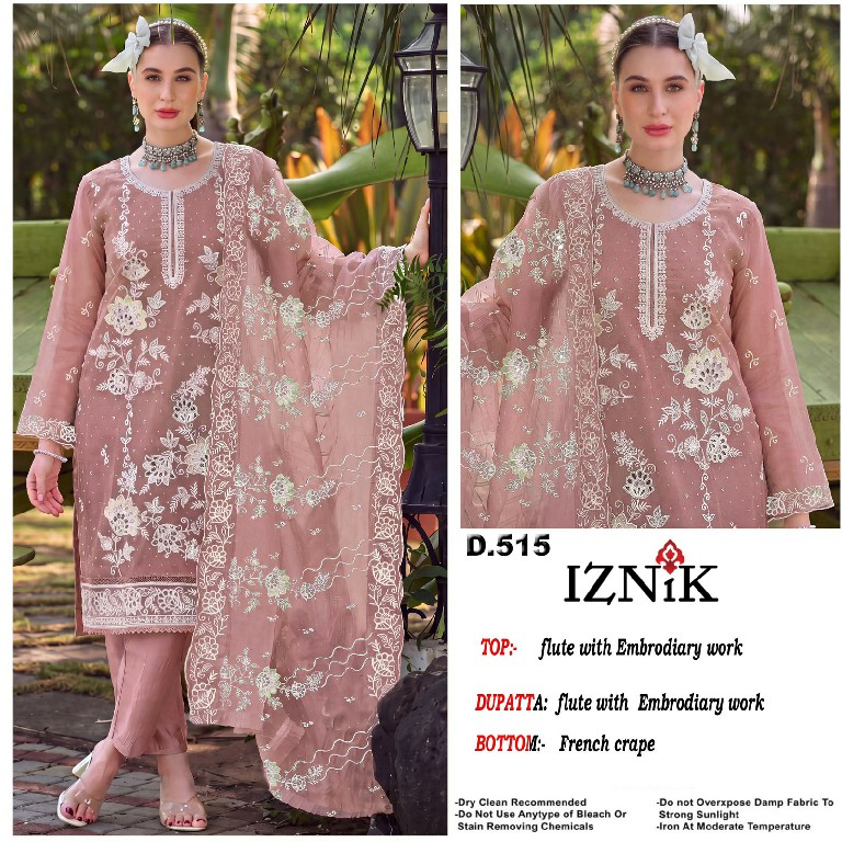 IZNIK FAB D.NO 515 WHOLESALE FLUTE WITH HEAVY EMBROIDERY WORK UNSTITCH SALWAR SUITS FOR EXPORT