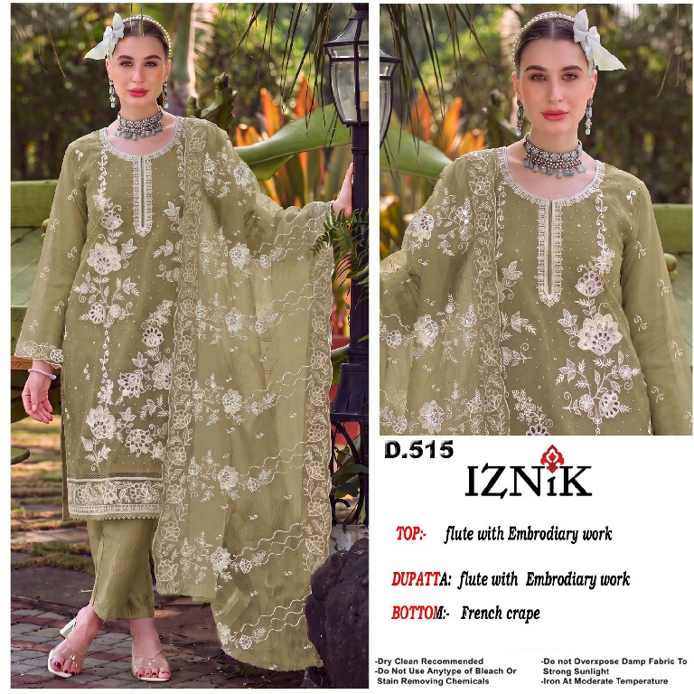 IZNIK FAB D.NO 515 WHOLESALE FLUTE WITH HEAVY EMBROIDERY WORK UNSTITCH SALWAR SUITS FOR EXPORT