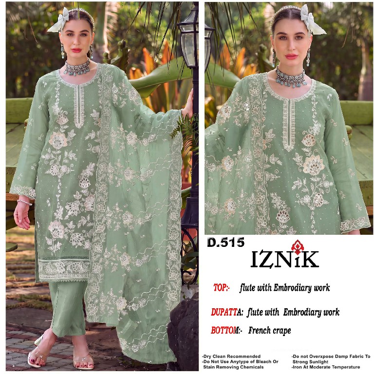 IZNIK FAB D.NO 515 WHOLESALE FLUTE WITH HEAVY EMBROIDERY WORK UNSTITCH SALWAR SUITS FOR EXPORT