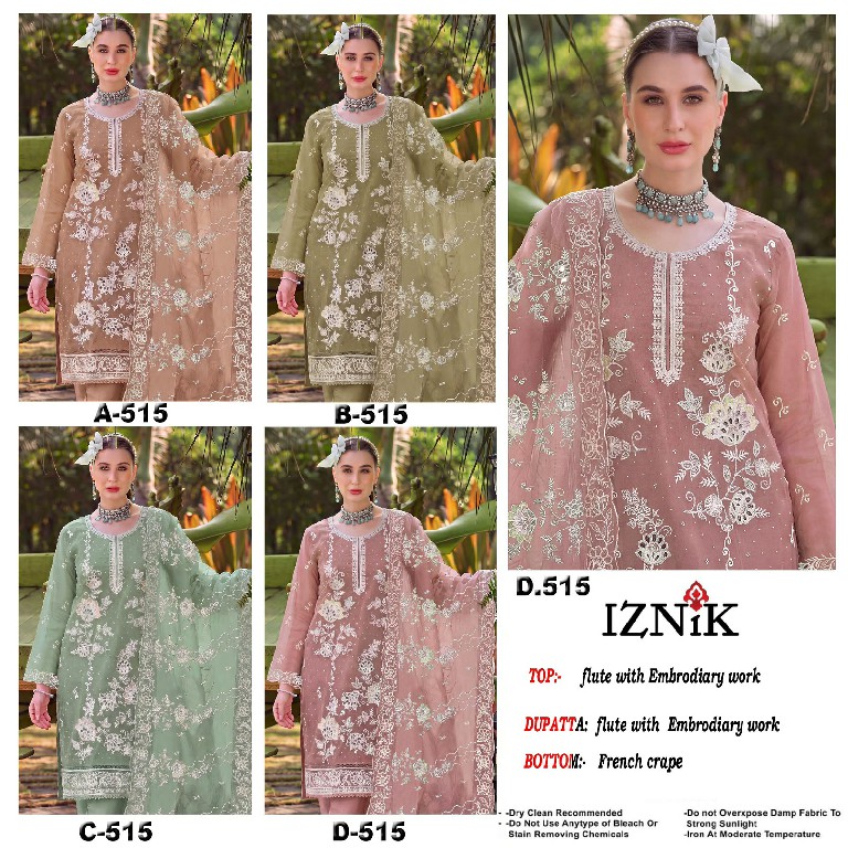 IZNIK FAB D.NO 515 WHOLESALE FLUTE WITH HEAVY EMBROIDERY WORK UNSTITCH SALWAR SUITS FOR EXPORT