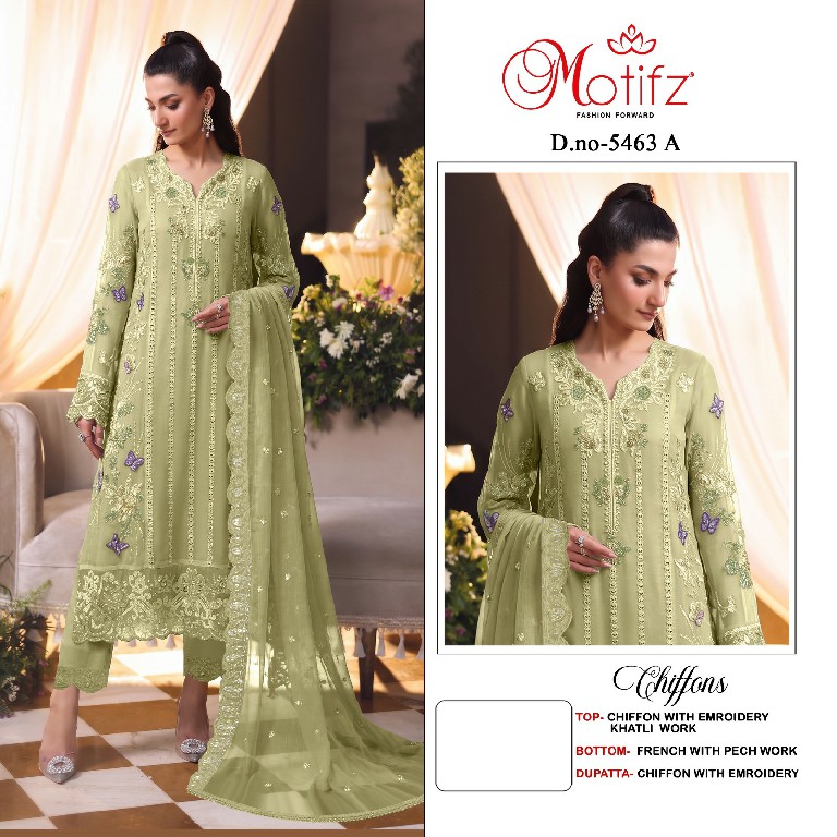 MOTIFZ D.NO 5463 WHOLESALE CHIFFON WITH WORK PRETTY LOOK UNSTITCH SALWAR SUITS SUPPLIER
