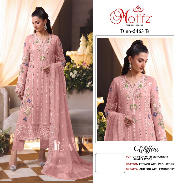 MOTIFZ D.NO 5463 WHOLESALE CHIFFON WITH WORK PRETTY LOOK UNSTITCH SALWAR SUITS SUPPLIER