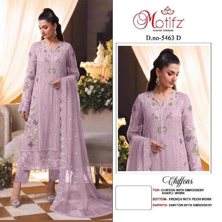 MOTIFZ D.NO 5463 WHOLESALE CHIFFON WITH WORK PRETTY LOOK UNSTITCH SALWAR SUITS SUPPLIER