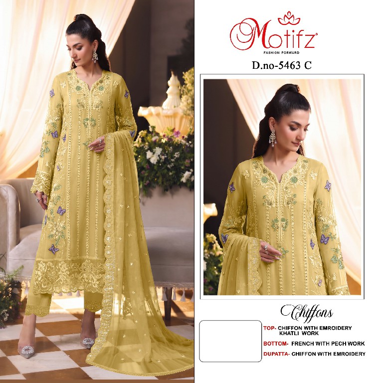 MOTIFZ D.NO 5463 WHOLESALE CHIFFON WITH WORK PRETTY LOOK UNSTITCH SALWAR SUITS SUPPLIER