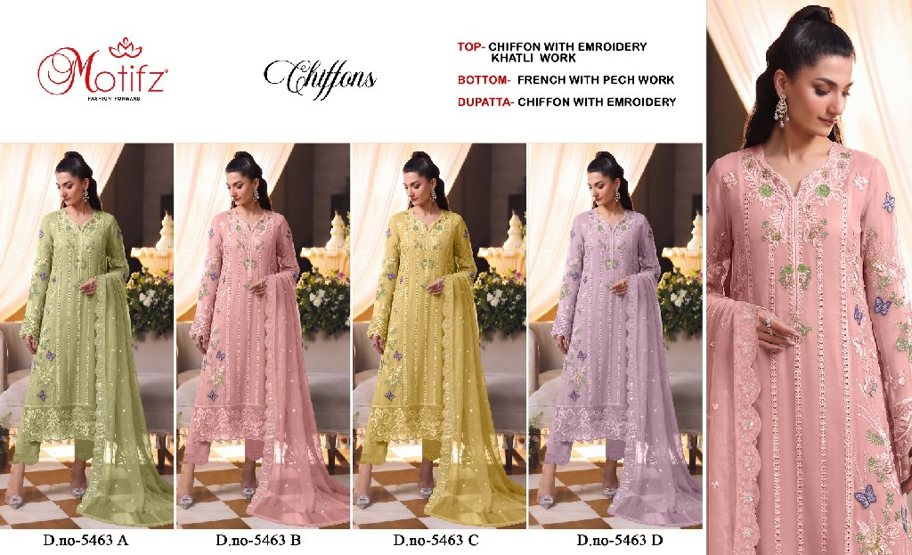 MOTIFZ D.NO 5463 WHOLESALE CHIFFON WITH WORK PRETTY LOOK UNSTITCH SALWAR SUITS SUPPLIER