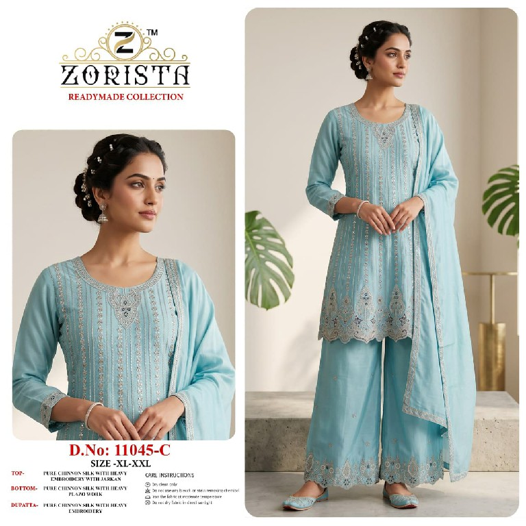 ZORISTA D.NO 11045 WHOLESALE READYMADE CHINON SILK PAKISTANI FUNCTION WEAR 3 PCS SUITS EXPORTER