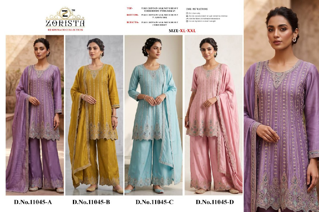 ZORISTA D.NO 11045 WHOLESALE READYMADE CHINON SILK PAKISTANI FUNCTION WEAR 3 PCS SUITS EXPORTER