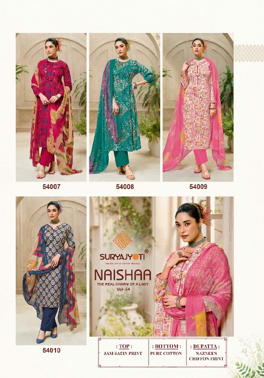 SURYAJYOTI NAISHAA VOL 54 WHOLESALE JAAM SATIN PRINTED CLASSIC UNSTITCH SALWAR SUITS FOR EXPORT