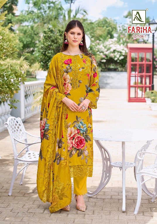 ALOK SUIT FARIHA VOL 7 WHOLESALE PREMIUM MUSLIN DESIGNER UNSTITCH SALWAR SUITS SUPPLIER