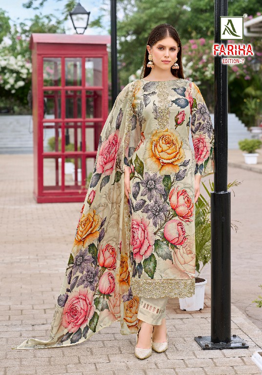 ALOK SUIT FARIHA VOL 7 WHOLESALE PREMIUM MUSLIN DESIGNER UNSTITCH SALWAR SUITS SUPPLIER