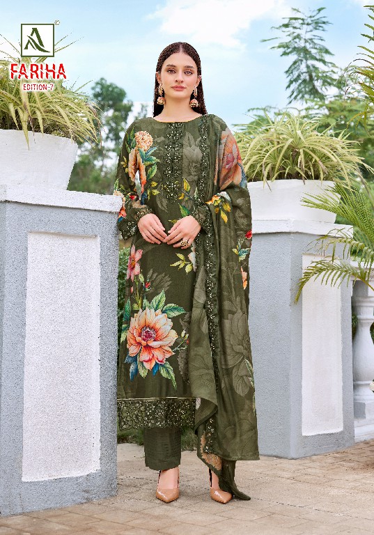 ALOK SUIT FARIHA VOL 7 WHOLESALE PREMIUM MUSLIN DESIGNER UNSTITCH SALWAR SUITS SUPPLIER