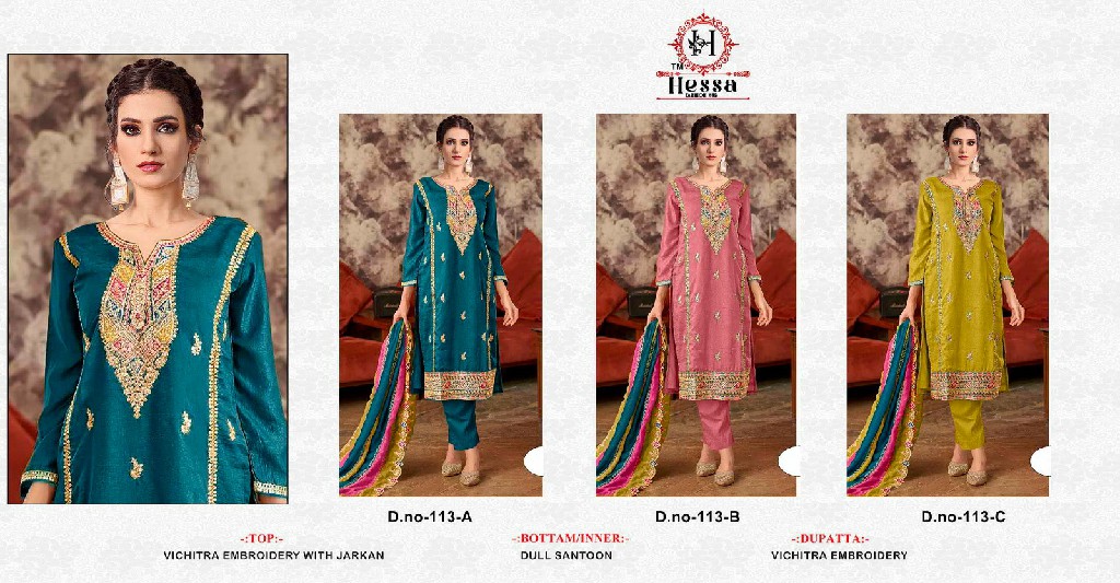HESSA D.NO 113 WHOLESALE CHINON WITH WORK PAKISTANI UNSTITCH SALWAR SUITS EXPORTER