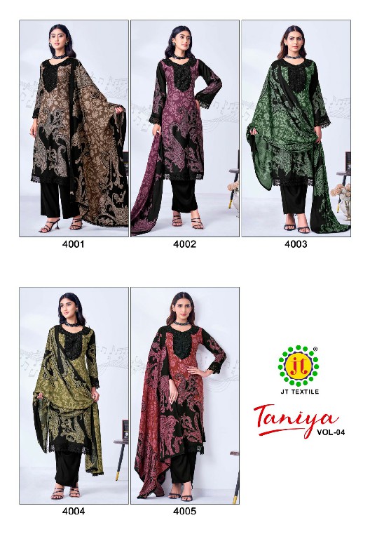 JT TANIYA VOL 4 WHOLESALE RAYON WITH WORKFANCY DESIGN UNSTITCH SALWAR SUITS SUPPLIER