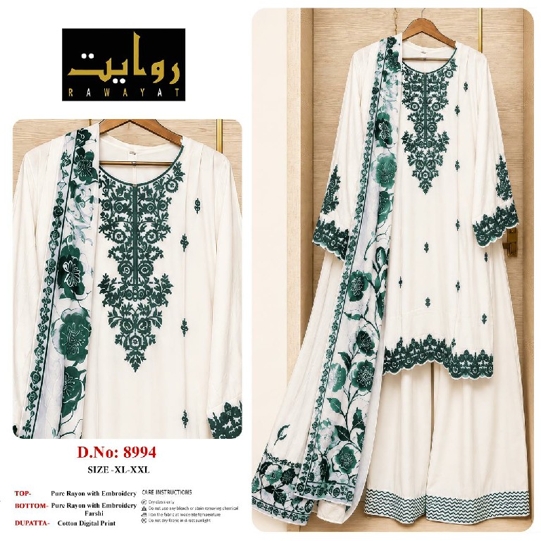 RAWAYAT D.NO 8993 TO 8995 WHOLESALE READYMADE RAYON EMBROIDERY WORK 3 PCS SUITS SUPPLIER
